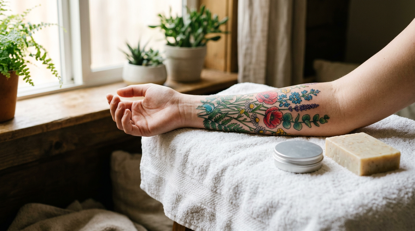 A healed floral forearm tattoo resting on a towel beside a balm tin and soap